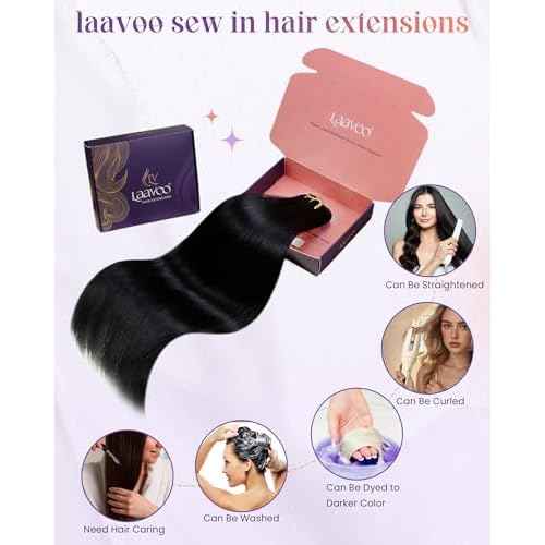 LaaVoo Sew in Hair Extensions Real Human Hair 24 Inch 120g Weft Hair Extensions Human Hair Black Women Weft Extensions Sew in Long Straight Jet Black