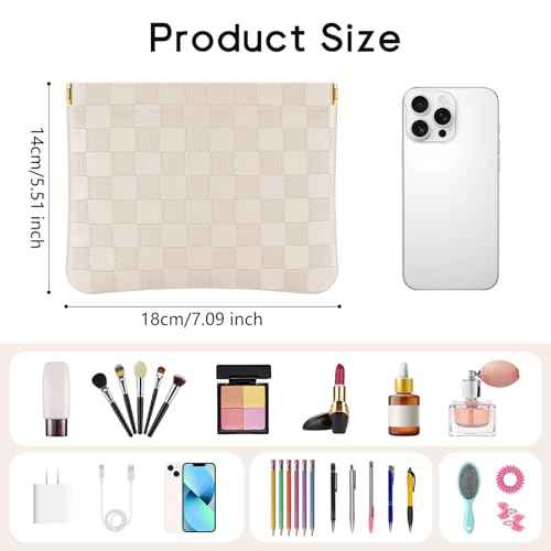 Sightor 2PCS Pocket Cosmetic Bag for Purse, Checkered Makeup Bag Portable Leather Cosmetic Bag for Women, Coin Purse Lipstick Cosmetic Accessories Organizer Travel Cosmetic Pouch (Black, Beige, L)