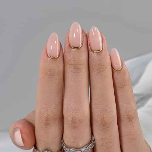 BTArtbox Press On Nails Almond - Short Gold Foil Press On Nails with Glue for Women, Semi-Transparent Soft Gel Glue On Nails in 16 Sizes - 32 Stick On Nails Kit, Gold End