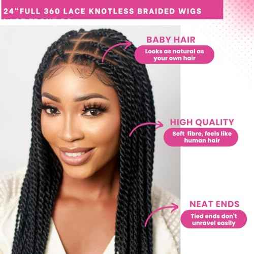 Wow Braids 18" Full 360 HD Transparent Lace Front Medium Knotless Twist Wig with Baby Hair - Synthetic hand-made box braids wig for black women