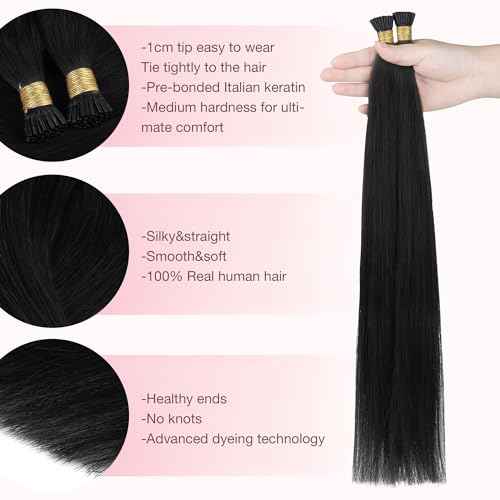 GOO GOO I Tip Hair Extensions, Real Human Hair, 20inch 100g 100S, Cold Fusion I Tip, Invisible Remy, Jet Black