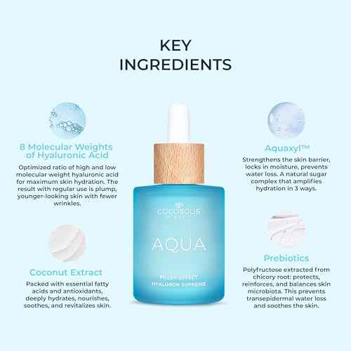 COCOSOLIS AQUA Filler-Effect Hyaluron Supreme facial serum with 8 types of hyaluronic acid and Aquaxyl¢â, vegan anti-age day care with ultra hydration