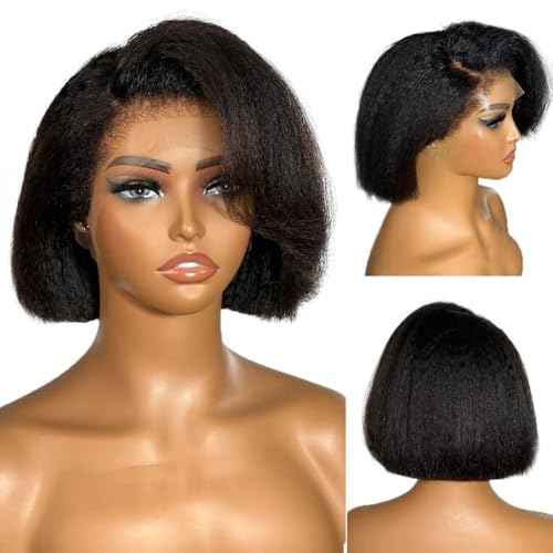 4C Edges Baby Hair Kinky Straight Human Hair Wig Glueless Side Part Short Yaki Bob Wig Human Hair Thick End UHD 13x4 Lace Front Wig Pre-Bleached Natural Color Brazilian Virgin Hair 10"