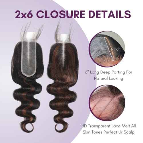 Brown Highlighted Bundles with 2x6 Closure Body Wave Human Hair, 12A Thick #F4/2 Dark Brown with Chestnut Highlight Human Hair Bundles and 2x6 Hd Lace Kim K Closure Long Deep Part 12 14 16+10 In