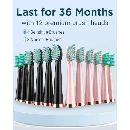 Rtauys 2 Pack Electric Toothbrush for Adults - 2 Rechargeable Electric Toothbrushes with 12 Brush Heads & 2 Travel Case, Power Electric Toothbrush with Holder, 3 Hrs Charge for 120 Days - Black+Pink