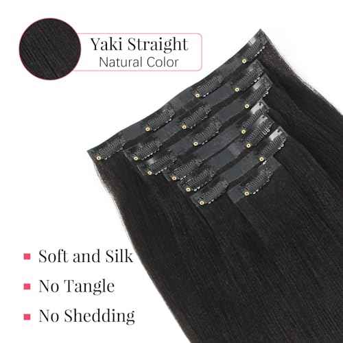 Sasisna Real Human Hair Extensions Clip ins Yaki Straight 22 Inch Nature Black Seamless PU Clip in Hair Extensions Double Wefted Yaki Straight Hair Extensions 120g/7pcs with 17 Clips