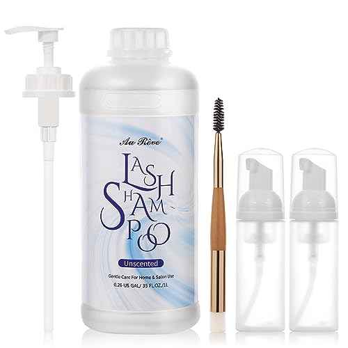 Lash Shampoo for Lash Extensions 1L/35fl.oz Eyelash Extension Cleanser Lash Cleaning Kit, Gentle Foaming Eyelash Shampoo with Brush and Wash Bottle for Salon Home Care Unscented