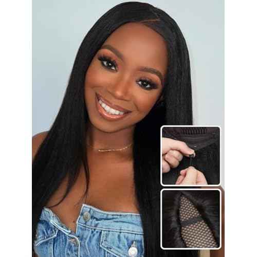 Nadula EasiContour V Part Yaki Straight Human Hair No Leave Out Clip in V-part Wig,12A Glueless Upgrade U Part Light Kinky Straight Human Hair Wig 180% Density with Elastic Drawstring 16inch