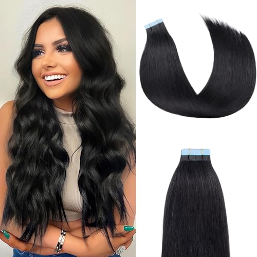 Tape in Hair Extensions Human Hair 14 inches Jet Black 20pcs 40g/pack Straight Seamless Weft Skin Invisible Thick Human Hair Tape in Extensions(14 inches #1 Jet Black)
