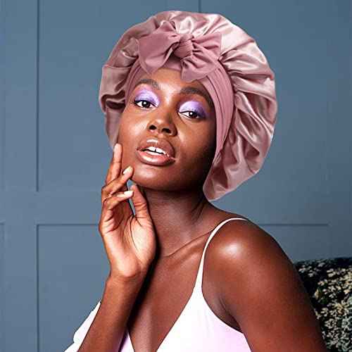 Satin Bonnet for Women - Tie Band Hair Bonnet Large 2 Layered Silk Sleeping Cap Nightcap with 3PCS Hair Scrunchies (Dust Rose)