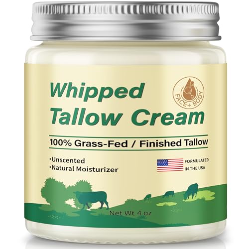 Beef Tallow for Skin, Organic Grass Fed Whipped Beef Tallow Balm Moisturizer Deeply Nourishing for Face & Body, Natural Unscented Tallow Face Moisturizer Cream for Dry Skin, 4oz