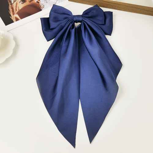 Large Navy Blue Satin Hair Bow Clip for Women Girls Oversized Long Tail Hair Accessory for Everyday Styling, 1-Pack