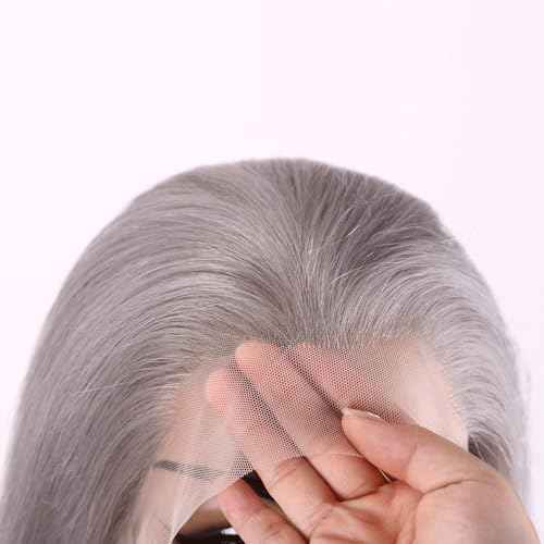 Grey Lace Front Wigs Human Hair Silver 13x4 Straight HD Transparent Lace Frontal Human Hair Wig for Woman Natural Gray Color Glueless Brazilian Virgin Human Hair Wig Pre Plucked Bleached Knot 24 Inch