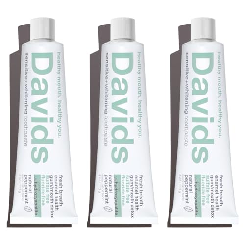 Davids Fluoride Free Nano Hydroxyapatite Toothpaste for Remineralizing Enamel & Sensitive Relief, Whitening, Antiplaque, SLS Free, Natural Peppermint, 4oz (3-Pack), Made in USA