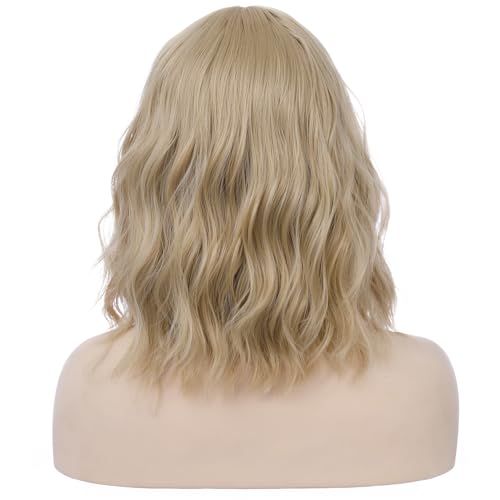 BERON Blonde Wigs for Womens Short Curly Wavy Wig with Bangs Girls Dark Blond Wigs Heat Resistant Synthetic Hair Party Daily Use Wigs