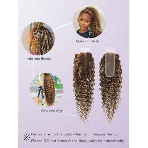 12A Honey Blonde Highlight 2x6 HD Lace Closure with Bundles Deep Wave Human Hair, P4/27 Ombre Brown Curly Brazilian Weave Thick Track 3 Bundles with Kim K 2by6 Closure Pre Plucked 10 12 14+10In