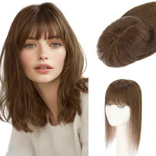 S-noilite Hair Toppers for Women Real Human Hair, 100% Human Hair Toppers with Bangs for Thin Hair, 3.5"*4.7" Handmade Nature-mimicking Scalp Base 12¡± Natural Brown