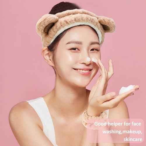 Canitor Face Wash Headband with Wrist Towels - Soft Coral Fleece Spa Makeup Headband, Cute Animal Elastic Skincare Design with Bear Ears