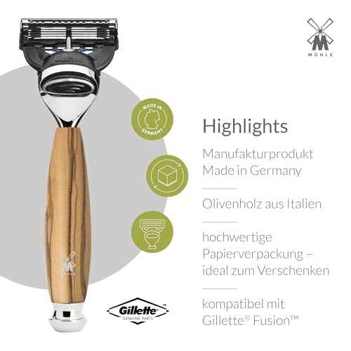 M?HLE VIVO Olive Wood 3-Piece Black Fibre 5-Blade Razor Shaving Set