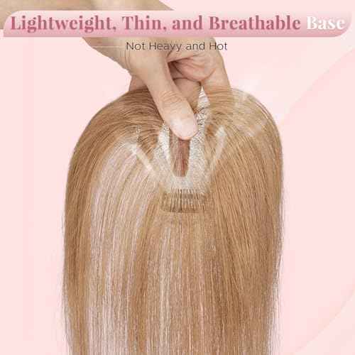 Women's Clip In Human Hair Topper, with 360¡Æ 3D Cover Air Bangs - for Thinning Hair, Straight, 11 Inch, Light Brown, 9x12 CM Upgraded Seamless Silk Base, Lightweight, Breathable