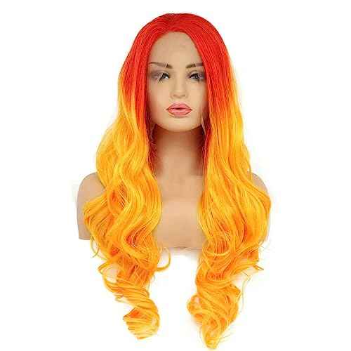 24" Bright Red Orange Ombre Color Wig Heat Resistant Synthetic Lace Front Wigs for Women Flame Red Female Cosplay Party Wigs Drag Queen