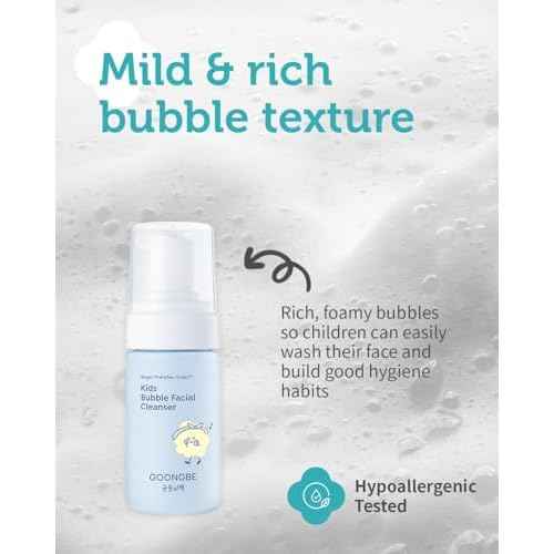 GOONGBE Kids' Bubble Facial Cleanser - Korean Kids Low pH Bubble Foam Face Wash - Gentle Cleansing & Hydrating with Panthenol and Amino Acids - Allergen Free Scent, 3.38 fl.oz. 2 Pack