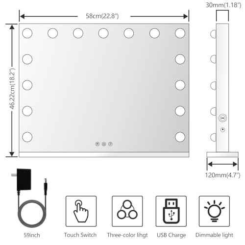 22.8 x 18.2 Vanity Makeup Mirror with Lights, 10X Magnification,Large Hollywood Lighted Vanity Mirror with 15 Dimmable LED Bulbs, USB Charger Port, Tabletop or Wall-Mounted White