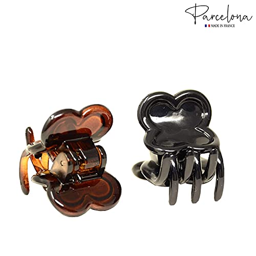 Parcelona French Petunia Tortoise Shell Brown and Black Mini 1” Celluloid Acetate Set of 2 Interlocking Secure Grip Hair Claw Clip Clamps for Women and Girls