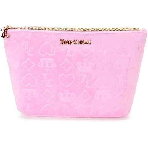 Juicy Couture Pink Makeup Bag Cosmetics Organizer Travel Essentials Zip Top Wedge Velour Heart Crown