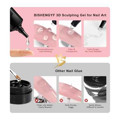 3D Nail Gel and Chrome Nail Powder BISHENGYF - 15g No Wipe 3D Sculpting with Rose Gold Chrome Powder Clear Non-Sticky Sculpting Gel for Home Art DIY