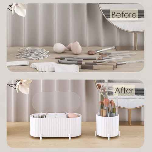 2 Pcs Lidded Makeup Organizer and Brush Holder Set, 3-Compartment Storage and Covered Brush Holder, Compact Vanity Storage for Cosmetics, Skincare, Beauty Tools, Grey