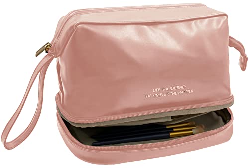 YUHAN PRETTY Large Travel Makeup Bag Double Layer Portable PU Leather Cosmetic Travel Bags Roomy Toiletry Bag for Women Girls(Pink)