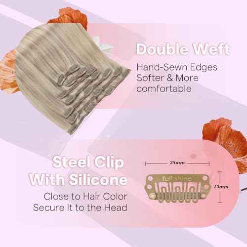 Full Shine 22 inch Blonde Hair Extensions Clip in Human Hair, Ash Blonde Highlights Clip in Hair Extensions Real Human Hair, Straight Thick Full Head 7pcs 120g