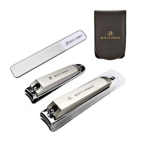 Nail Clippers Set 3 in 1 - Stainless Steel Toe Nail Clippers, Fingernail Clipper, Glass Nail File, Anti Splash, Ergonomic Grip in PU Leather Travel Case for Men & Women (Black Case)