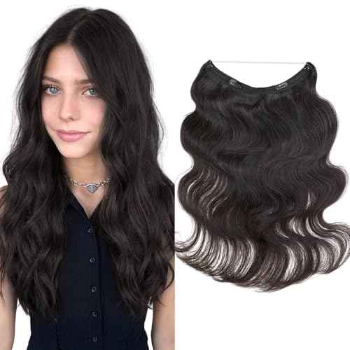 Elailite Halo Hair Extensions Real Human Hair for Women Natural Black Wavy Hair Halo Clip in Remy Hairpiece with Adjustable Invisible Wire 20 Inch 70G