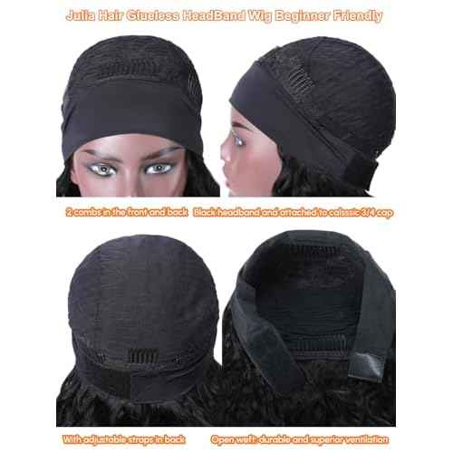 Julia Hair 12A Headband Wig Human Hair Yaki Straight Glueless None Lace Half Wig With Pre-attached Scarf Ombre Chestnut Brown Highlight With Dark Roots for Black Women Put on and Go 22 Inch