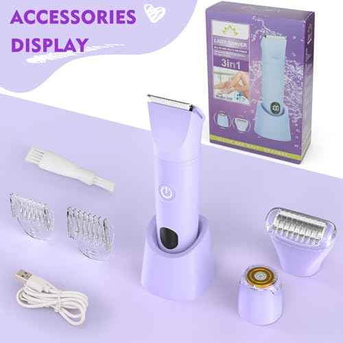 Bikini Trimmer for Women, 3 in 1 Electric Razors for Women, Waterproof Pubic Hair Trimmer and Facial Hair Remover, Rechargeable Electric Shaver for Underarm Leg Arm Body with LED Display