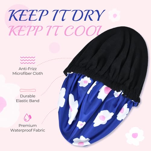 Shower Cap for Women Terry Lined Bath Cap Large Reusable Waterproof Elastic Band Blue Shower Caps for Long Thick Hair Soft Bath Shower Hair Caps