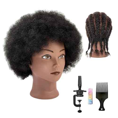 Mannequin Head Human Hair African Curly Cosmetology Manikin Head With 100% Real Human Hair Doll Head for Hairdresser Training Practice Braiding Hair Styling,With Stand (BLACK-508-AFRO)