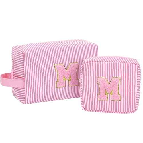 MONSTINA Mom Gifts for Mom, Personalized Initial Makeup Bag Cosmetic Bags for Women Cute|Makeup Pouch Birthday Gifts for Mother,Birthday Gift for Her Cute Toiletry Bag,2PCS Pink M