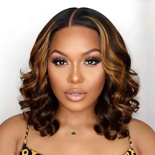 Highlight Lace Front Wig Human Hair Loose Wave 6X5 Glueless Wigs Human Hair Pre Plucked 180% Density Wear and Go Highlight Short Bob Wigs for Women Pre Everything 14inch