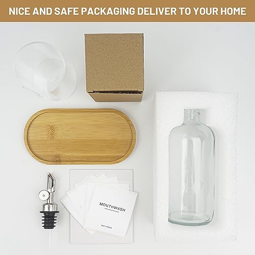 480ml/16.23 Oz Glass Pump Dispenser for Mouthwash With Disposable Cups Holder, Pour Spout Refillable Clear Container, Bamboo Tray, and Labels