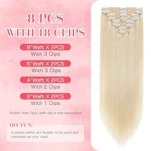 S-noilite Clip in Hair Extensions Real Human Hair Platinum Blonde Clip on Extensions 18 Inch 8pcs 140g Straight Double Weft #60