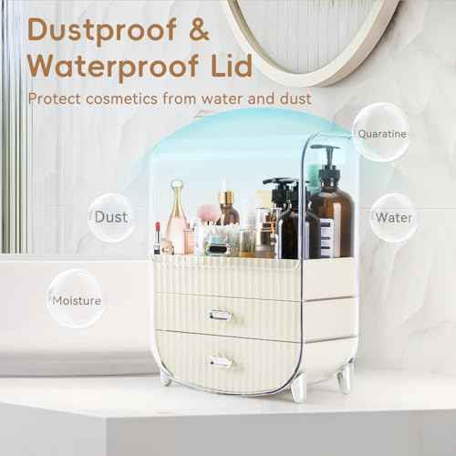 VUSIGN Makeup Organizer, Cosmetics Skincare Organizers with 3-Layer Storage Box and Transparent Cover, Vanity Organizer Countertop for Bathroom, Dresser, Ideal Gifts for Women, White