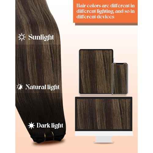 Sunny Hair Sew in Hair Extensions Real Human Hair Balayage Weft Hair Extensions Human Hair Dark Brown Balayage Light Brown Human Hair Weft Extensions For Women Real Hair 20inch 100g