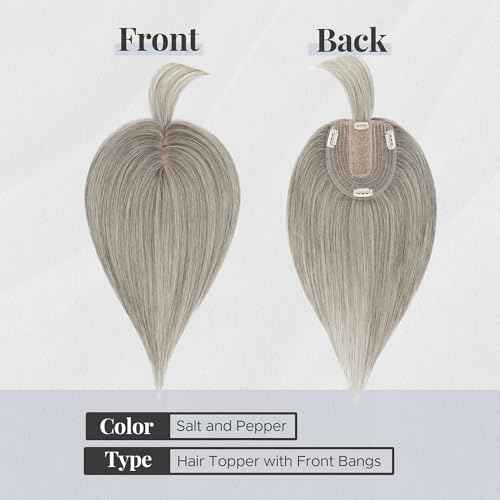Human Hair Topper for Women, with Silk Base 3.94x4.72, 12 Inches, 4 Clips, for Thinning Hair, with Front Bangs, Salt and Pepper Color, Natural Look