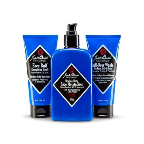 Jack Black Holiday Triple Play Gift Set for Men ? Face Buff, Double-Duty Face Moisturizer, All-Over Wash for Face, Hair & Body, Mens Skin Care Kit, Men's Skincare Gift Set