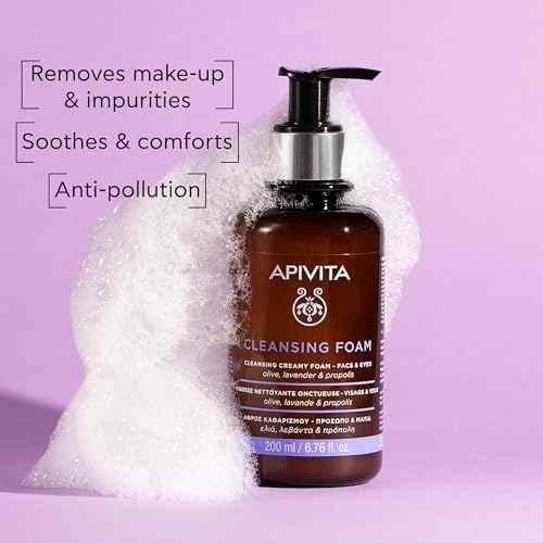 Apivita Cleansing Foam | Hydrating & Soothing Cleansing Creamy Foam for Face & Eyes with Olive, Lavender & Propolis, 200 mL / 6.67 oz
