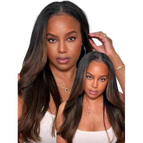 UNICE V Part Wigs Human Hair Yaki Straight Clip in Vpart Glueless Human Hair Wig No Sew in No Glue Ombre Chestnut Brown Beginner Friendly 150% Density 18 inch