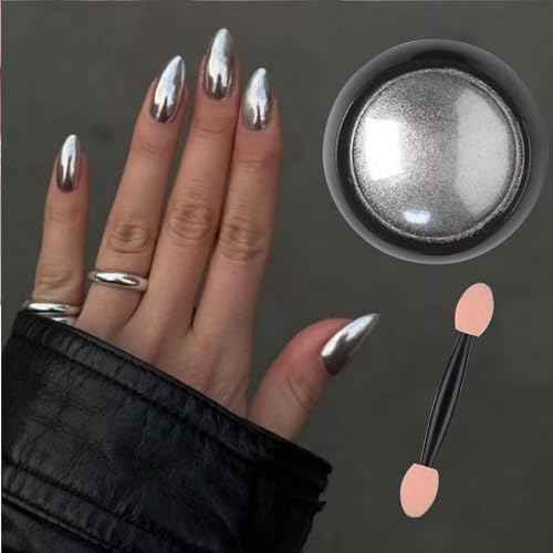 Holographic Mirror Nail Powders Chrome Silver Effect Pure Metallic Dust Sequins UV Gel Nail Chrome Pigment for Nail Art Decoration,Silver Chrome Nail Powder